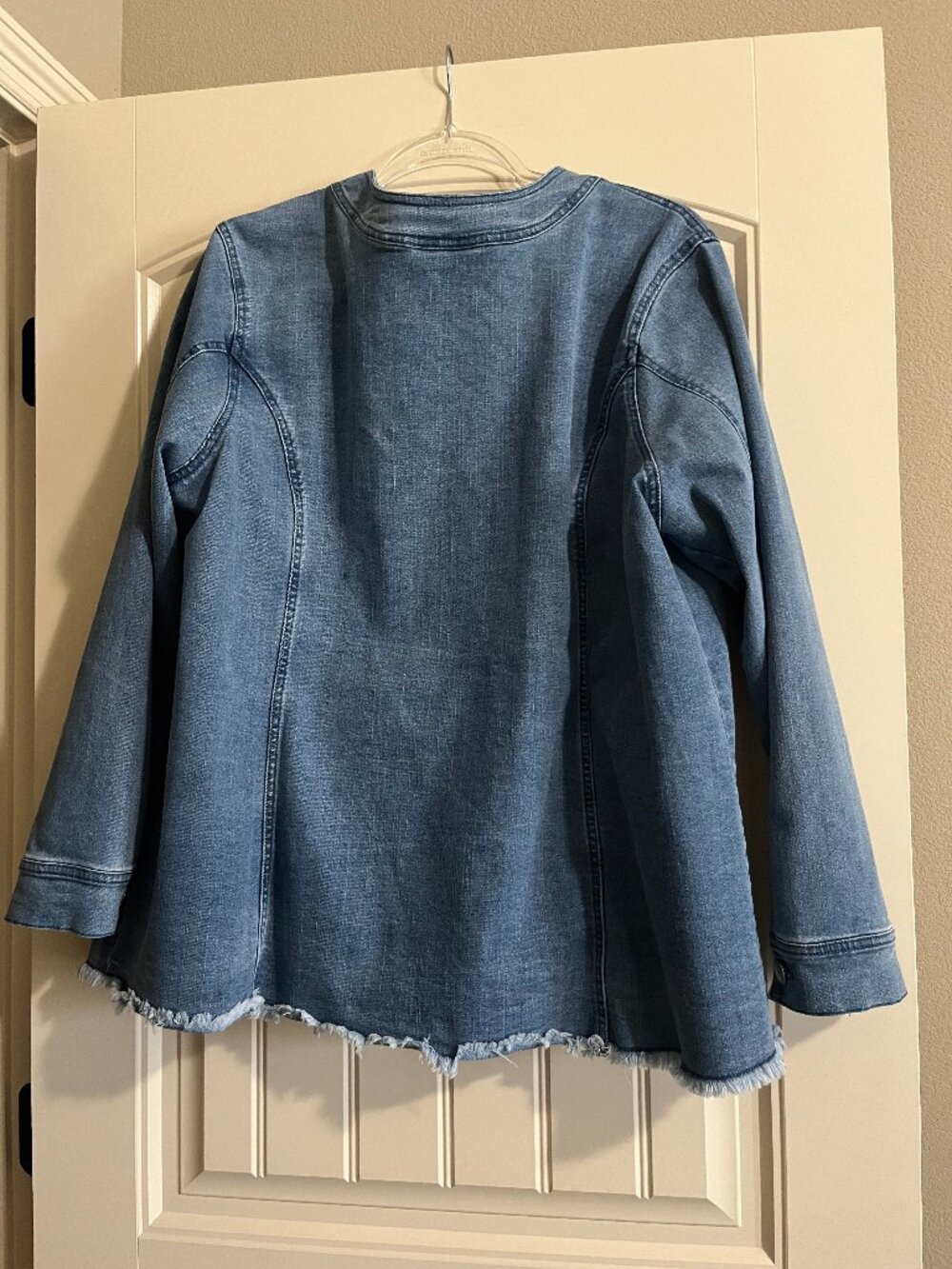 Plus Size 1X NorthStyle Fringed-Hem Denim Jacket, Collarless Button Front - Picture 2 of 5